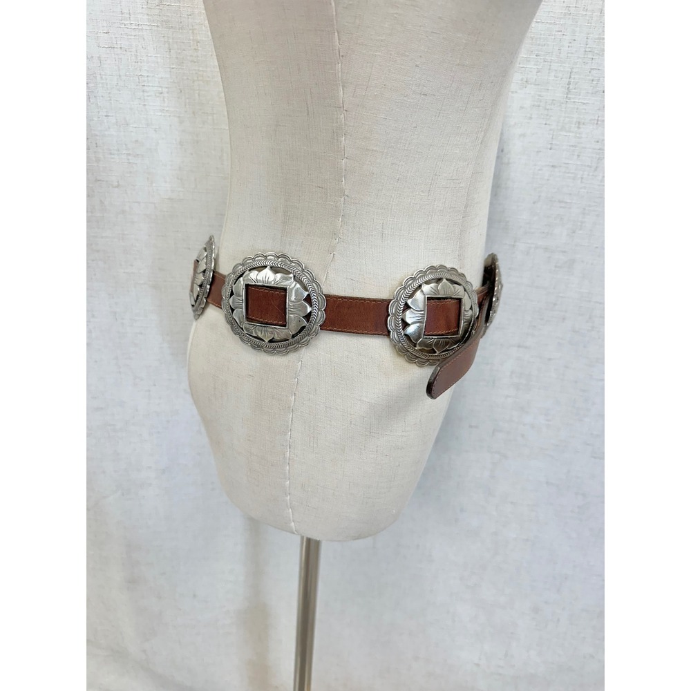 Vintage '93 Brown Leather Sunflower Silver Concho Belt Womens Large Southwestern - Picture 9 of 16